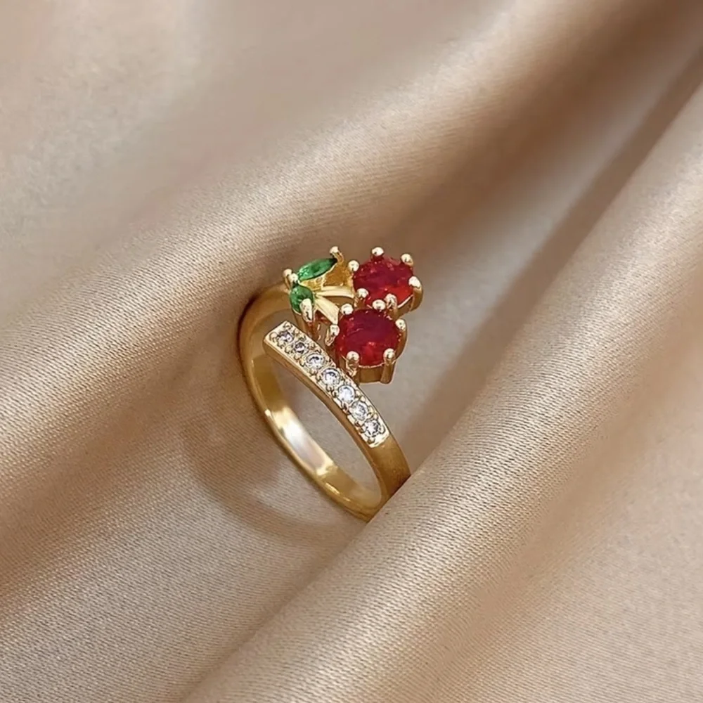 Cherry Ring Gold Plated Moissanite Adjustable Statement Ring Hypoallergenic